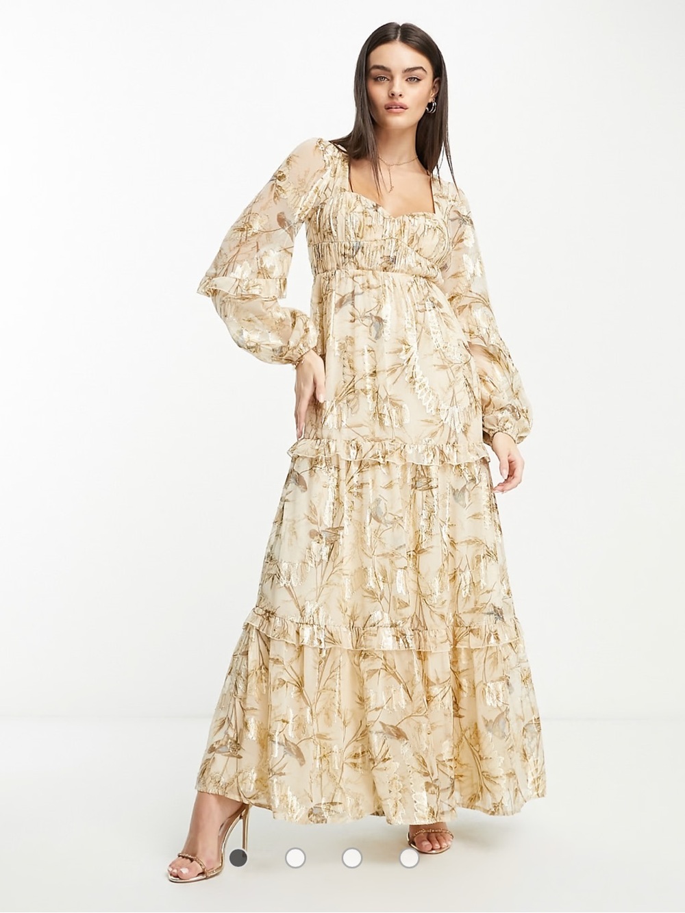 ASOS sweetheart neck pleated maxi dress in printed floral metallic jacquard